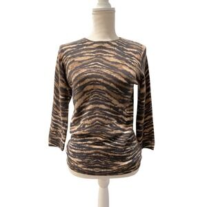Talbots Womens Brown Black Tiger Print 3/4 Sleeve Cashmere Knit Sweater M